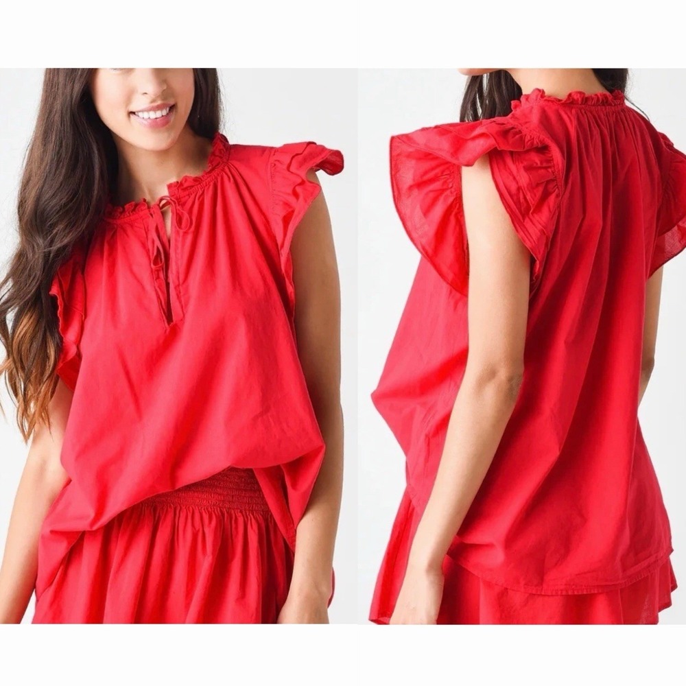 Stark X Sz S Poplin‎ Dreamy Top Red Romantic Flutter Sleeve 100% Cotton Blouse